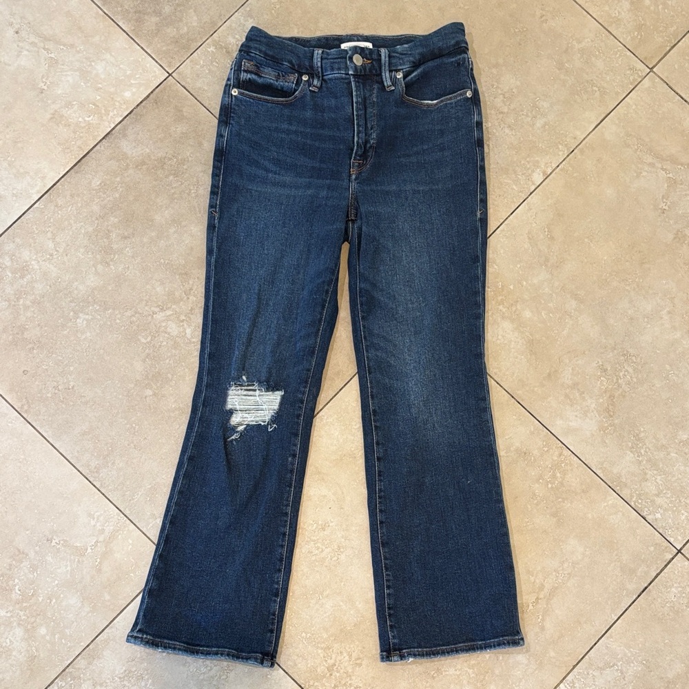 Good American Dark Blue High Rise Cropped Distressed Jeans Size 4